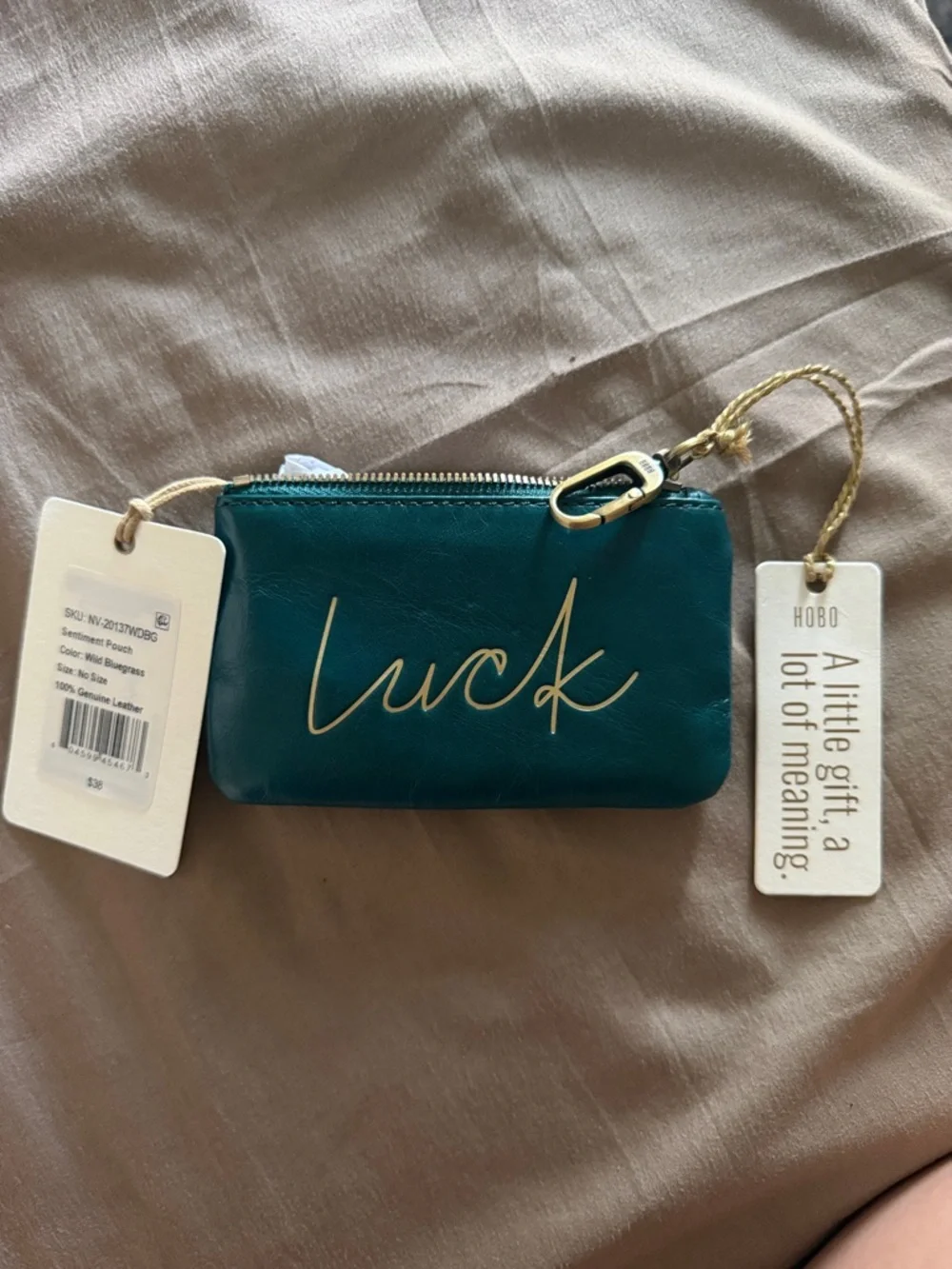 HOBO Teal Leather 'luck' Zip Pouch with Gold Script - Picture 1 of 5